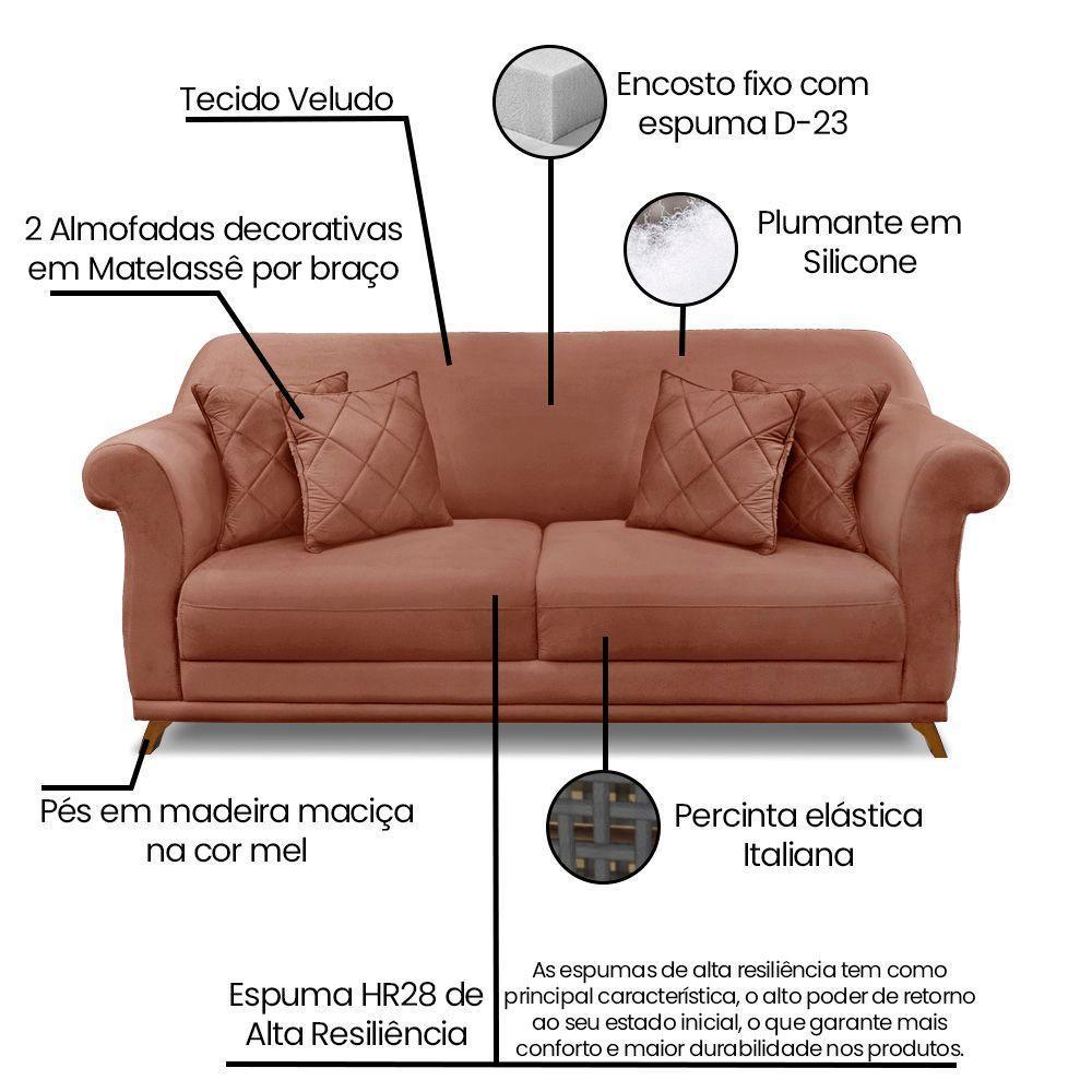 Sofá 3 Lugares Pé De Madeira Julieta 220 Cm Veludo S04 - D'rossi Cor Cobre - 5