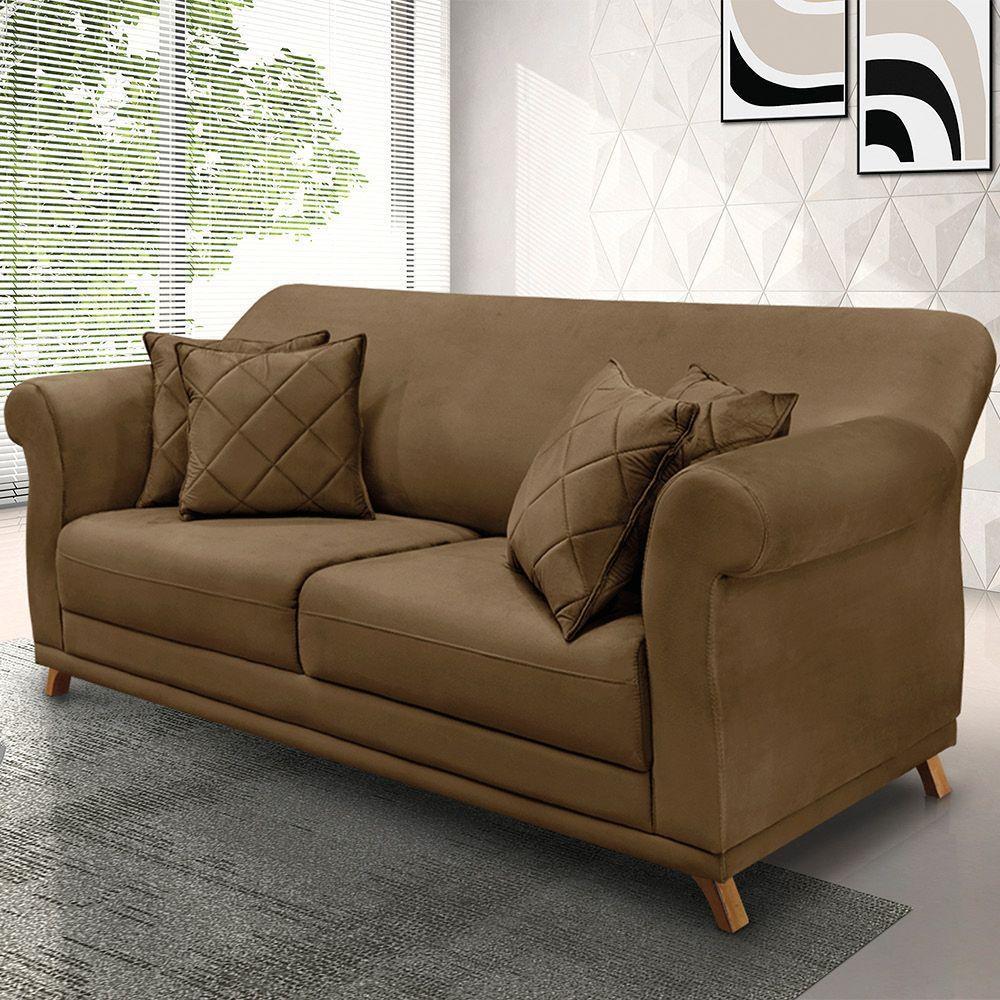 Sofá 3 Lugares Pé De Madeira Julieta 220 Cm Suede Caramelo S04 - D'rossi - 6