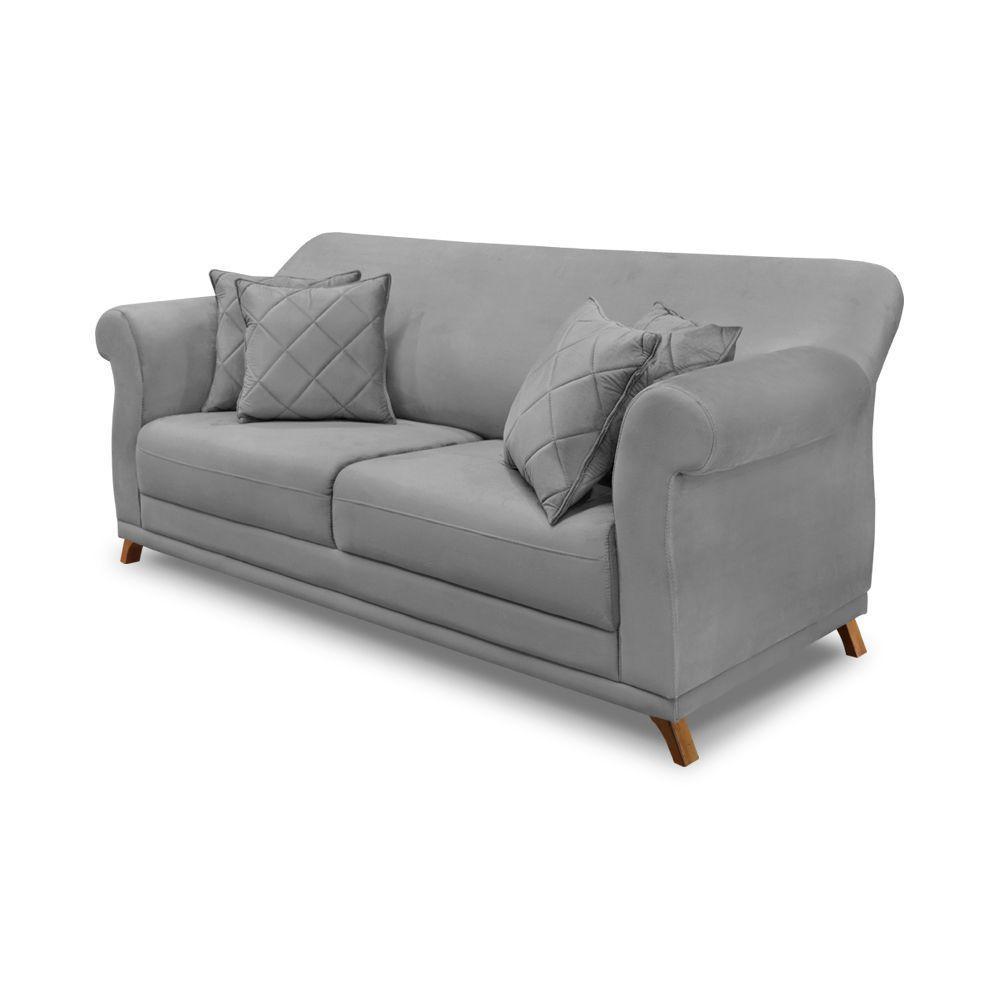 Sofá 3 Lugares Pé De Madeira Julieta 220 Cm Veludo S04 - D'rossi Cor Cinza - 1