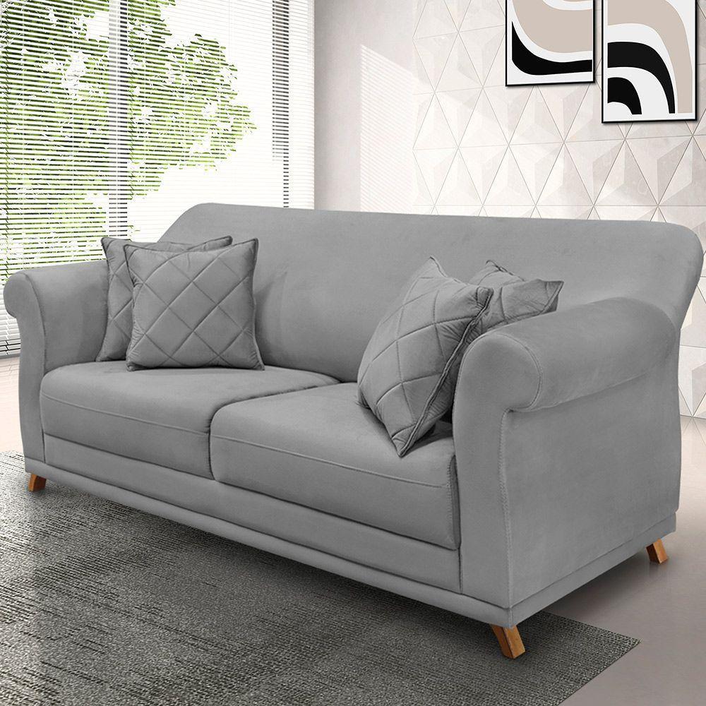 Sofá 3 Lugares Pé De Madeira Julieta 220 Cm Veludo S04 - D'rossi Cor Cinza - 6