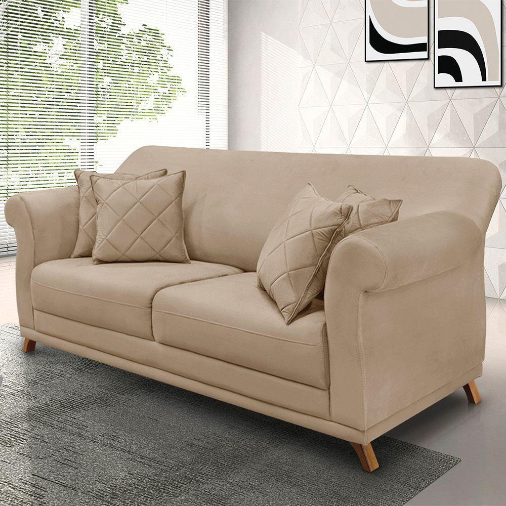 Sofá 3 Lugares Pé De Madeira Julieta 220 Cm Suede S04 - D'rossi Cor Bege - 6