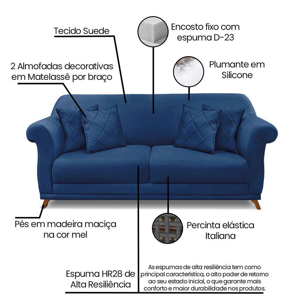 Sofá 3 Lugares Pé De Madeira Julieta 220 Cm Suede S04 - D'rossi Cor Azul Marinho - 5