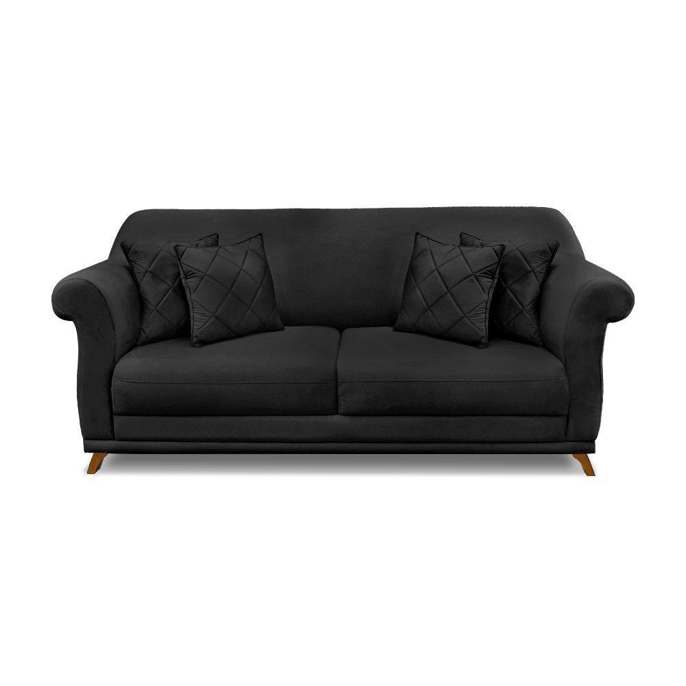 Sofá 3 Lugares Pé De Madeira Julieta 200 Cm Veludo S04 - D'rossi Cor Preto - 3