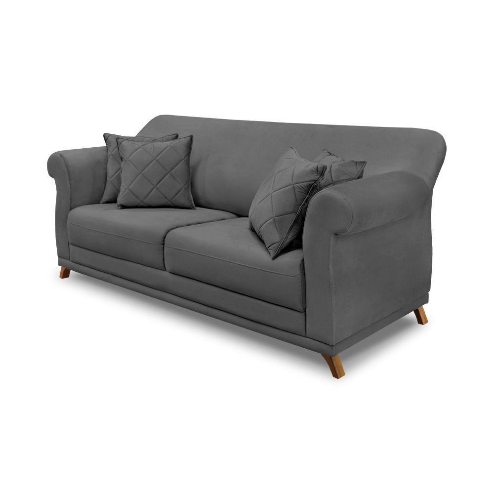 Sofá 3 Lugares Pé De Madeira Julieta 200 Cm Suede Cinza S04 - D'rossi - 1
