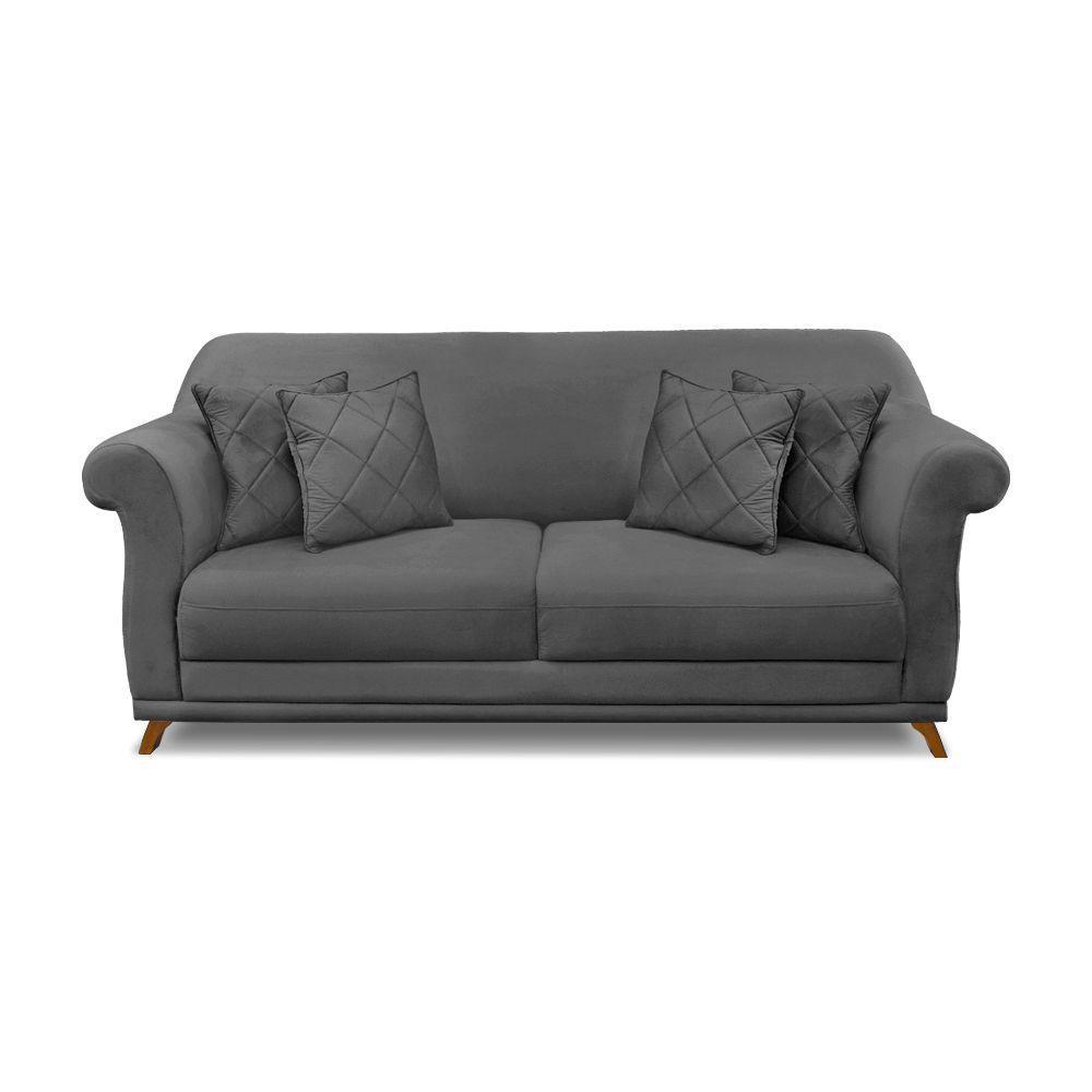Sofá 3 Lugares Pé De Madeira Julieta 200 Cm Suede Cinza S04 - D'rossi - 2
