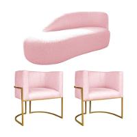Kit Divã Luna 185cm Lado Esquerdo E 02 Poltronas Base De Ferro Dourado Suede Rosa Bebê - 1