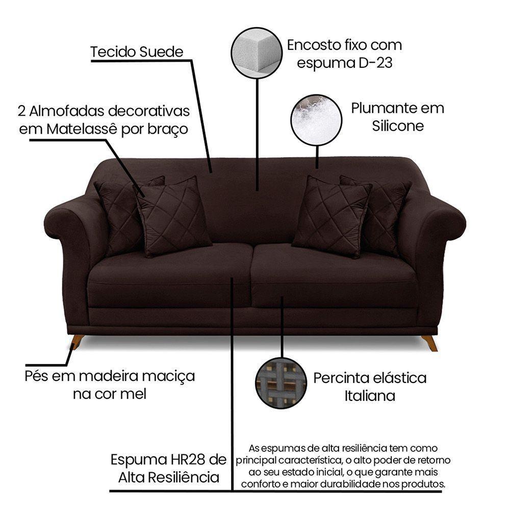 Sofá 3 Lugares Pé De Madeira Julieta 220 Cm Suede S04 - D'rossi Cor Café - 5