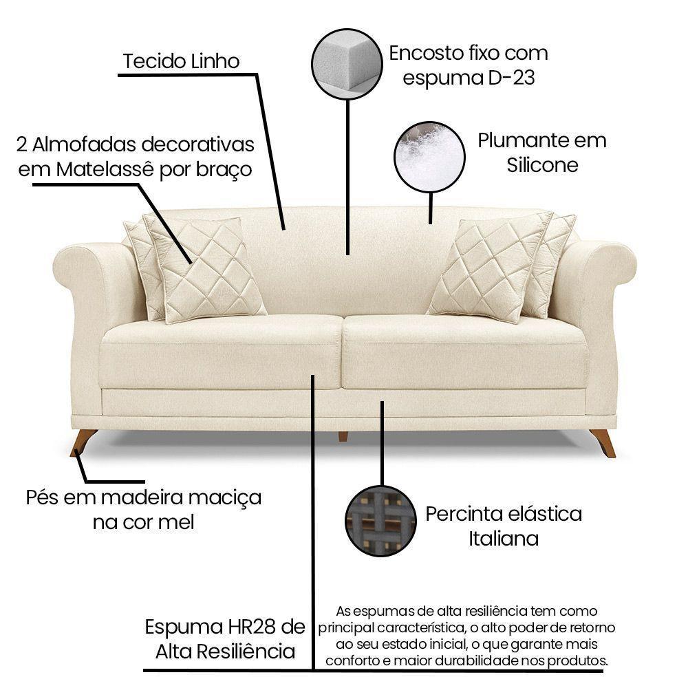 Sofá 2 Lugares Pé De Madeira Julieta 180 Cm Linho S04 - D'rossi Cor Natural - 5