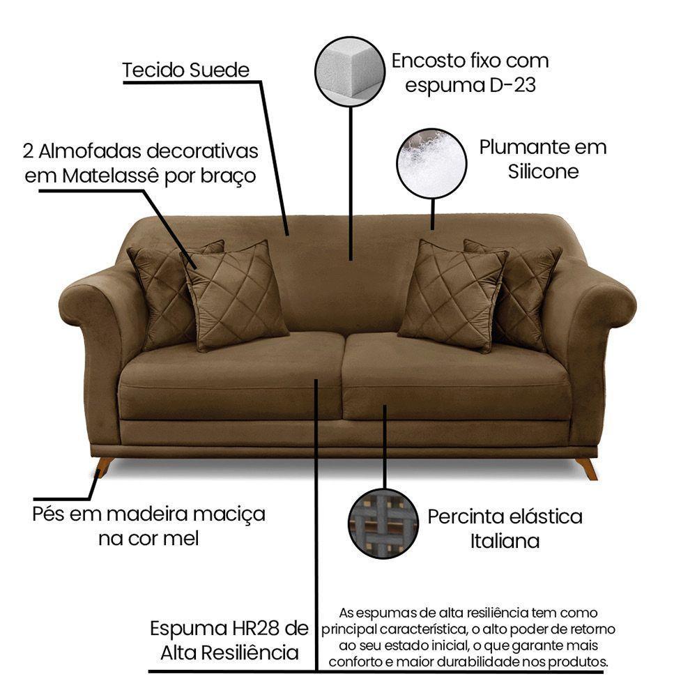 Sofá 3 Lugares Pé De Madeira Julieta 200 Cm Suede S04 - D'rossi Cor Caramelo - 5