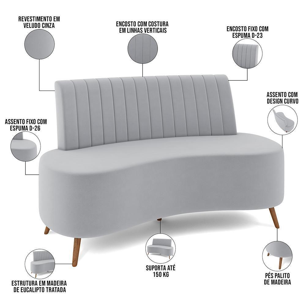 Sofá Chaise Living 2 Lugares 160cm Para Sala Cayman K01 Veludo Cinza - 2