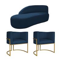 Kit Divã Luna 160cm Lado Esquerdo E 02 Poltronas Base De Ferro Dourado Suede Azul Marinho - 1