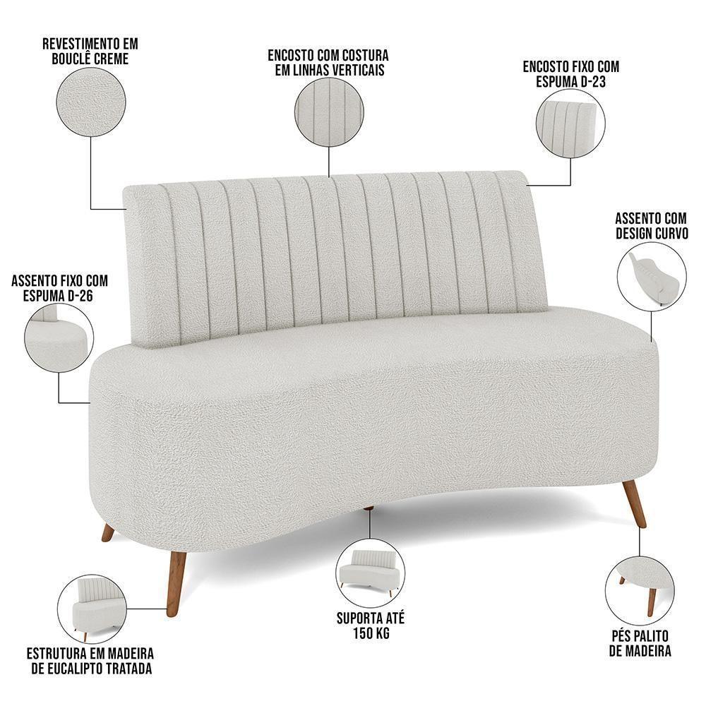 Sofá Chaise Living 2 Lugares 160cm Para Sala Cayman K01 Bouclê Creme - 7