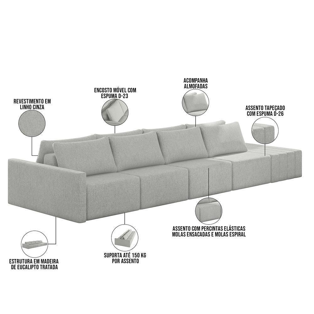 Sofá Ilha Modular Para Sala 432cm Com Puff Dublin K01 Linho Cinza - 7