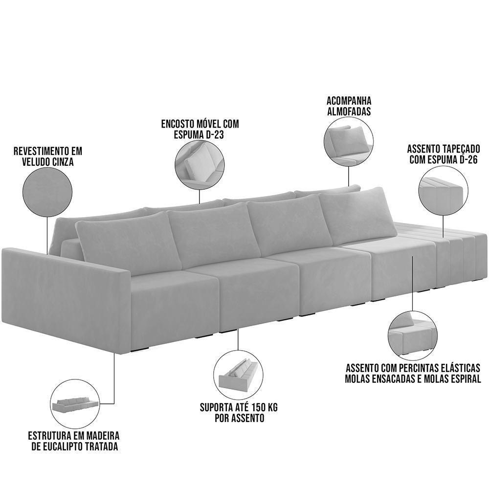 Sofá Ilha Modular Para Sala 432cm Com Puff Dublin K01 Veludo Cinza - 7