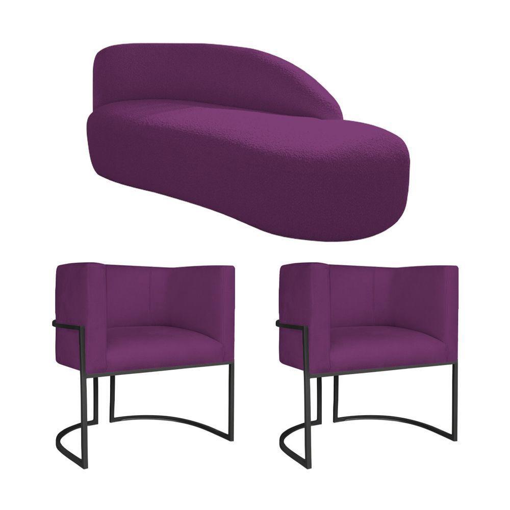 Kit Divã Luna 160cm Lado Direito E 02 Poltronas Base De Ferro Preto Suede Roxo - 1