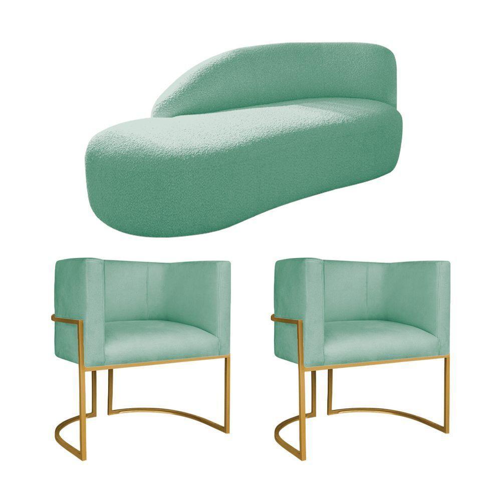Kit Divã Luna 185cm Lado Esquerdo E 02 Poltronas Base De Ferro Dourado Suede Azul Tiffany - 1