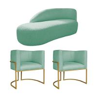 Kit Divã Luna 185cm Lado Esquerdo E 02 Poltronas Base De Ferro Dourado Suede Azul Tiffany - 1