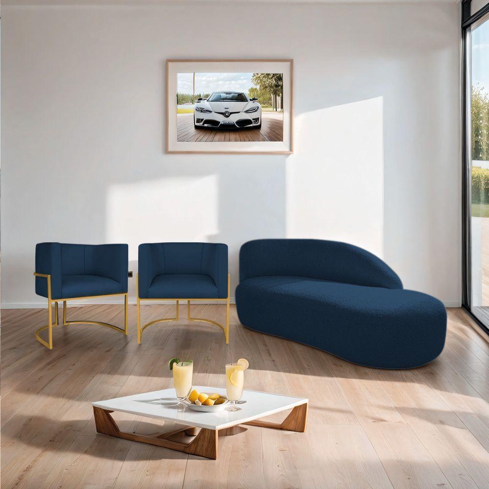 Kit Divã Luna 185cm Lado Direito E 02 Poltronas Base De Ferro Dourado Suede Azul Marinho - 9