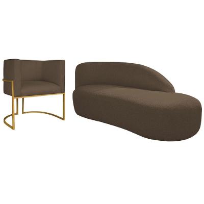 Kit Divã Luna 185cm Lado Direito E 01 Poltrona Base De Ferro Dourado Suede Marrom
