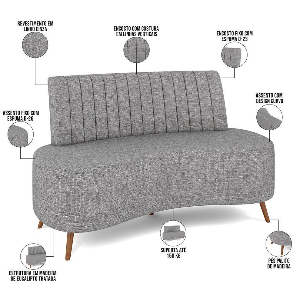 Sofá Chaise Living 2 Lugares 135cm Para Sala Cayman K01 Linho Cinza - 6