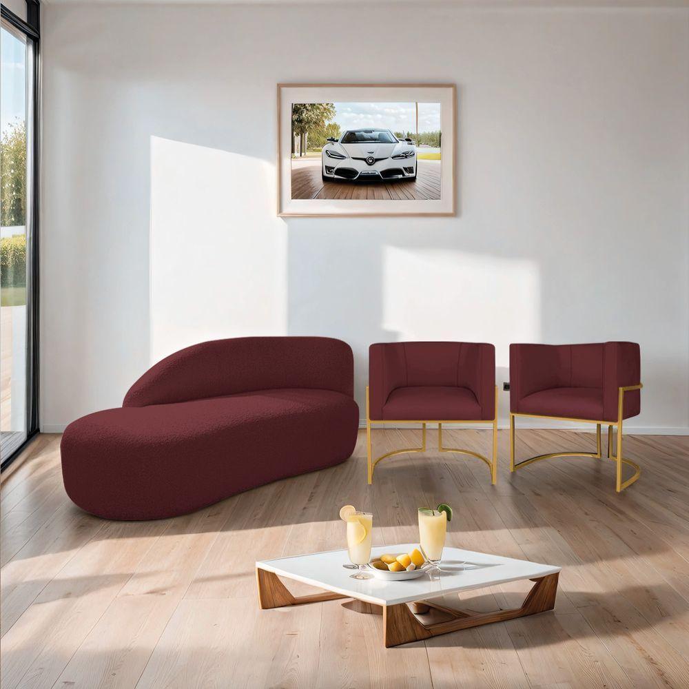 Kit Divã Luna 160cm Lado Esquerdo E 02 Poltronas Base De Ferro Dourado Suede Bordô - 9