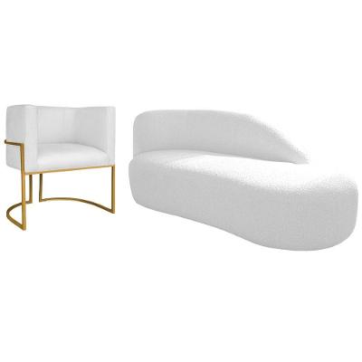 Kit Divã Luna 185cm Lado Direito E 01 Poltrona Base De Ferro Dourado Suede Branco
