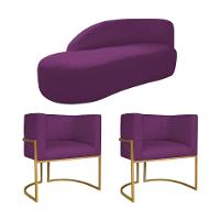 Kit Divã Luna 185cm Lado Esquerdo E 02 Poltronas Base De Ferro Dourado Suede Roxo - 1