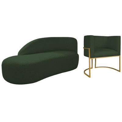 Kit Divã Luna 160cm Lado Esquerdo E 01 Poltrona Base De Ferro Dourado Linho Verde