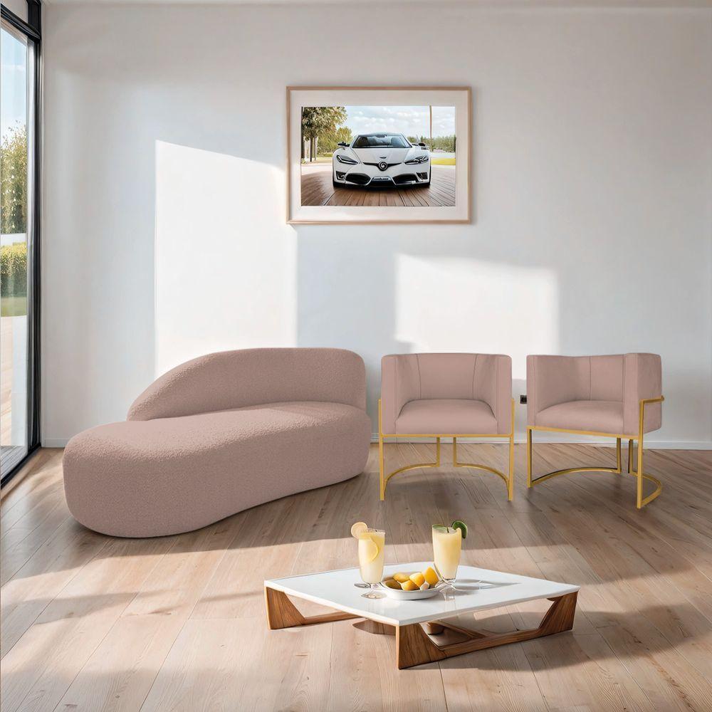Kit Divã Luna 160cm Lado Esquerdo E 02 Poltronas Base De Ferro Dourado Linho Rosê - 9