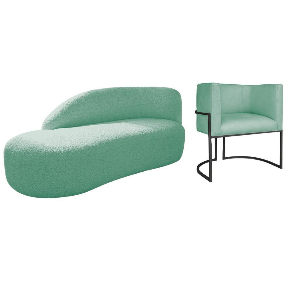 Kit Divã Luna 185cm Lado Esquerdo E 01 Poltrona Base De Ferro Preto Suede Azul Tiffany - 1