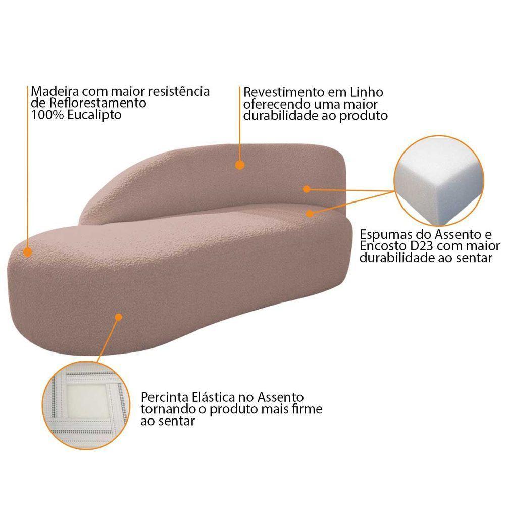 Kit Divã Luna 185cm Lado Esquerdo E 02 Poltronas Base De Ferro Dourado Linho Rosê - 3