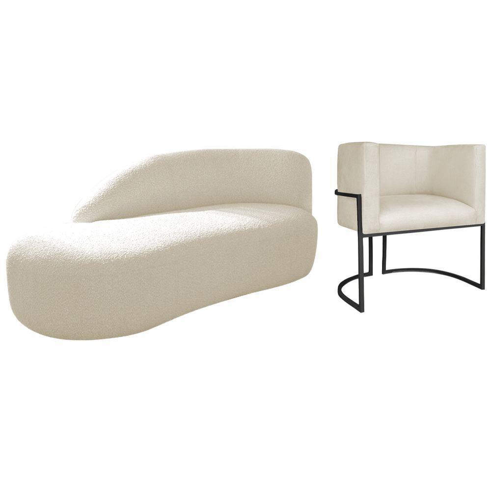 Kit Divã Luna 185cm Lado Esquerdo E 01 Poltrona Base De Ferro Preto Linho Bege - 1