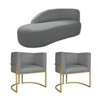 Kit Divã Luna 185cm Lado Esquerdo E 02 Poltronas Base De Ferro Dourado Suede Cinza - 1