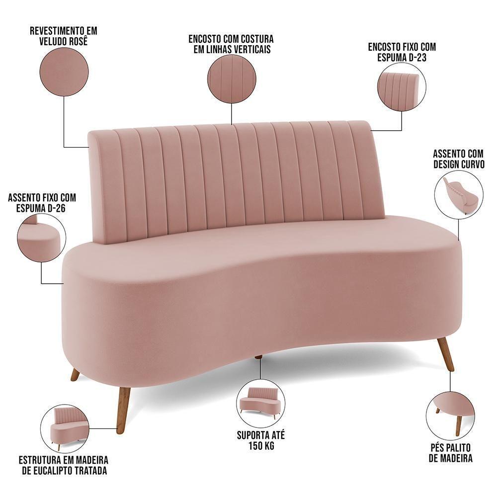 Sofá Chaise Living 2 Lugares 135cm Para Sala Cayman K01 Veludo Rosê - 2