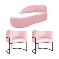 Kit Divã Luna 140cm Lado Esquerdo E 02 Poltronas Base De Ferro Preto Suede Rosa Bebê - 1