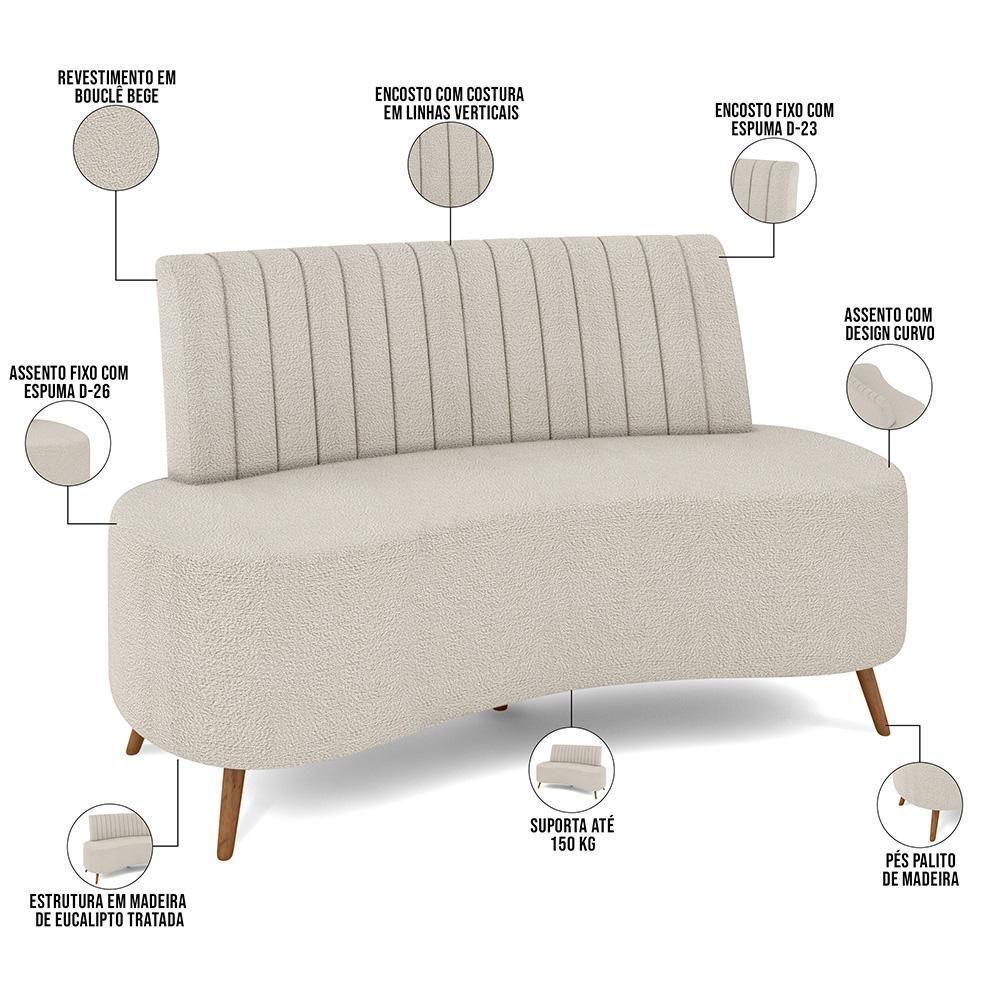 Sofá Chaise Living 2 Lugares 135cm Para Sala Cayman K01 Bouclê Bege - 7