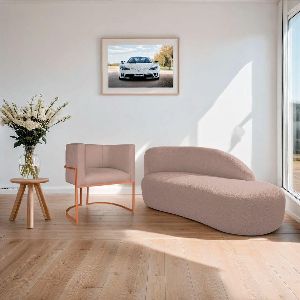 Kit Divã Luna 160cm Lado Direito E 01 Poltrona Base De Ferro Dourado Linho Rosê - 9