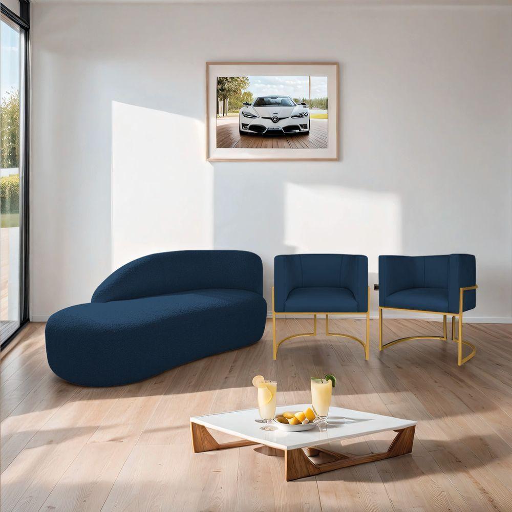 Kit Divã Luna 140cm Lado Esquerdo E 02 Poltronas Base De Ferro Dourado Suede Azul Marinho - 9