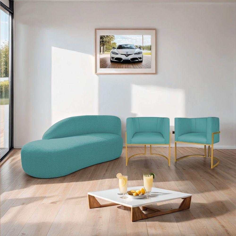 Kit Divã Luna 160cm Lado Esquerdo E 02 Poltronas Base De Ferro Dourado Suede Azul Turquesa - 9