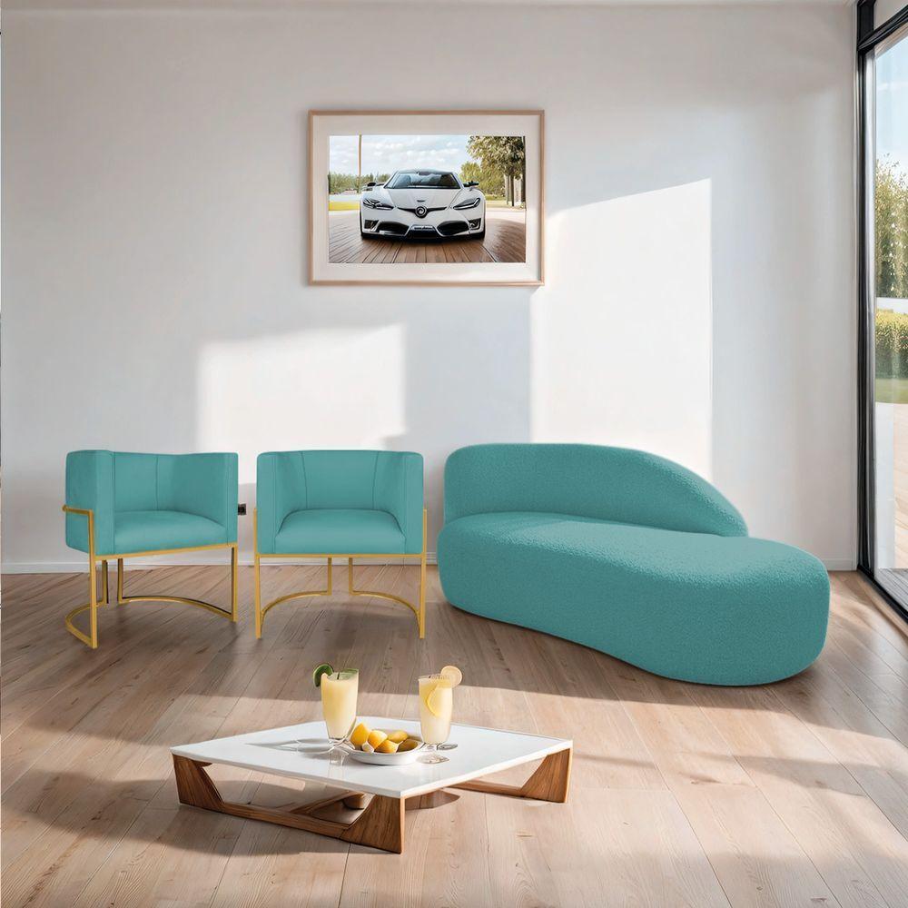 Kit Divã Luna 140cm Lado Direito E 02 Poltronas Base De Ferro Dourado Suede Azul Turquesa - 9