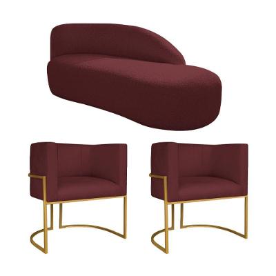 Kit Divã Luna 140cm Lado Direito E 02 Poltronas Base De Ferro Dourado Suede Bordô