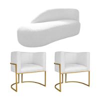 Kit Divã Luna 185cm Lado Esquerdo E 02 Poltronas Base De Ferro Dourado Suede Branco - 1