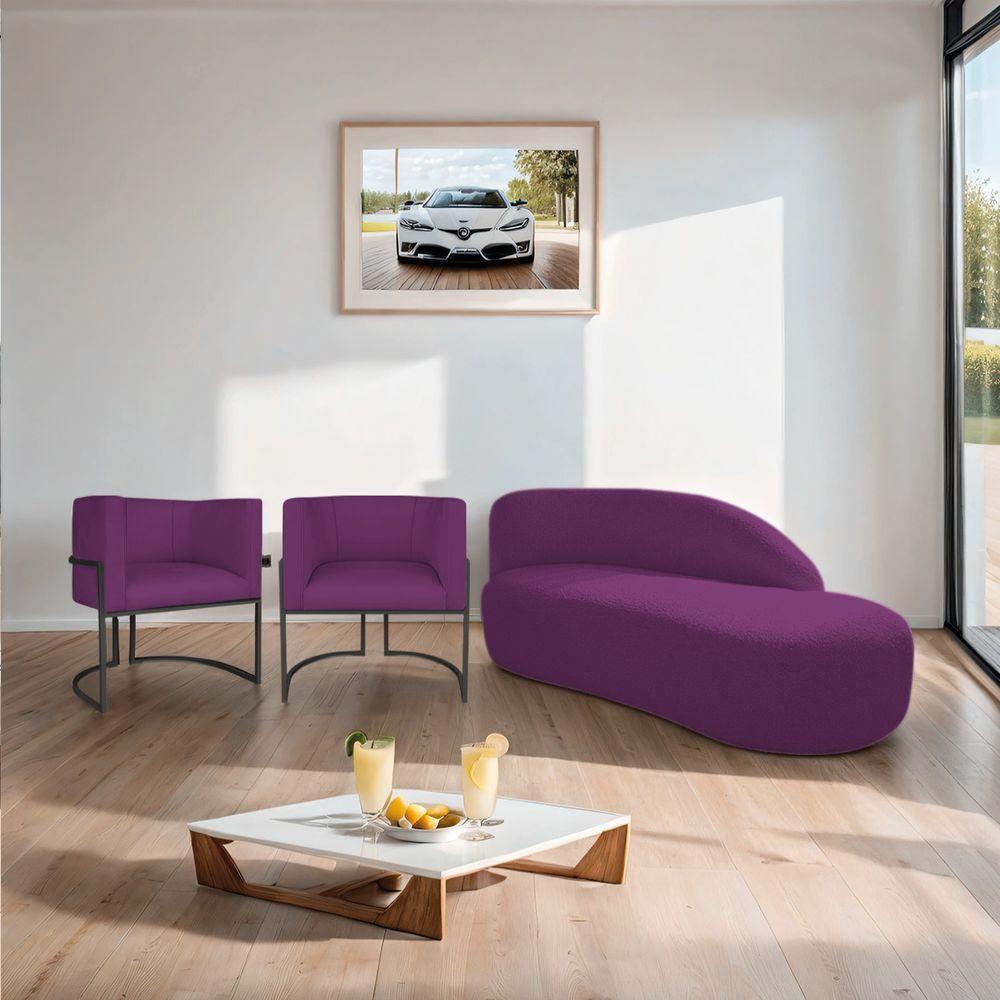Kit Divã Luna 185cm Lado Direito E 02 Poltronas Base De Ferro Preto Suede Cor Roxo - 8