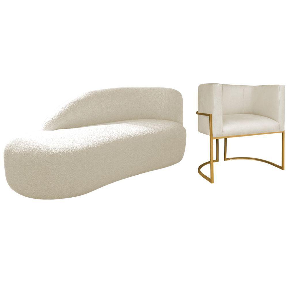 Kit Divã Luna 160cm Lado Esquerdo E 01 Poltrona Base De Ferro Dourado Linho Bege - 1