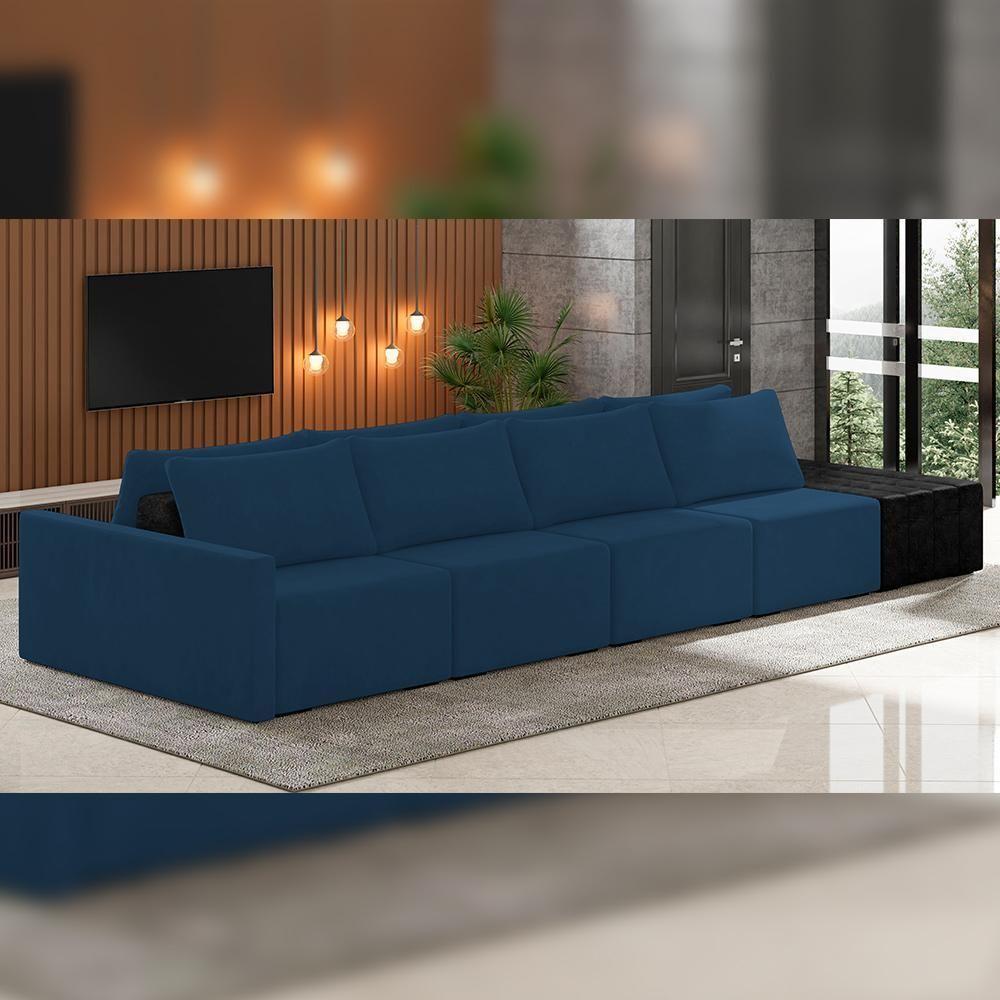Sofá Ilha Modular Para Sala 432cm Com Puff Dublin K01 Veludo Azul Marinho E Sintético Preto - Lyam Decor - 6
