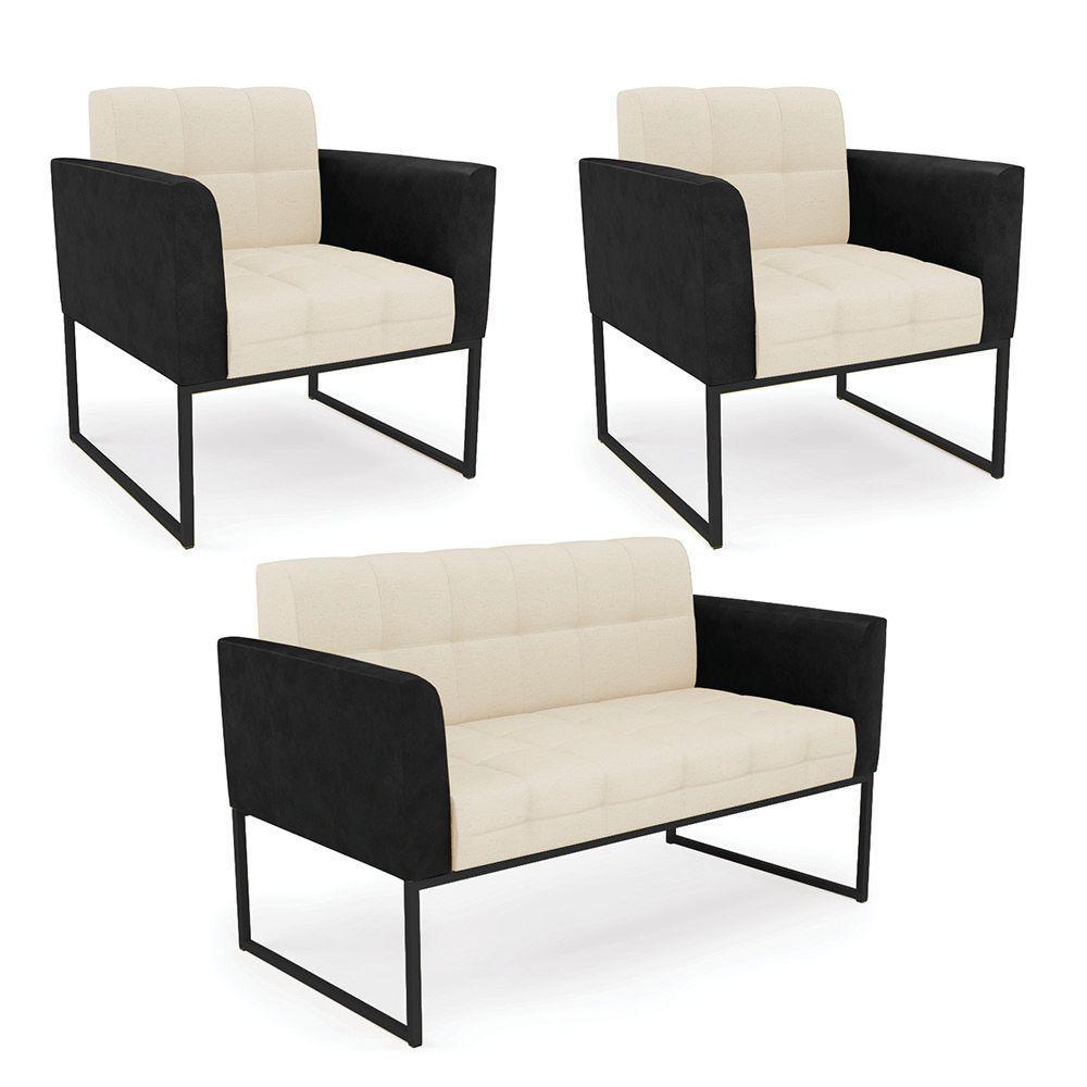 Sofá Namoradeira E 2 Poltronas Base Industrial Preto Elisa Preto-linho Bege A19 D03 - D'rossi - 1