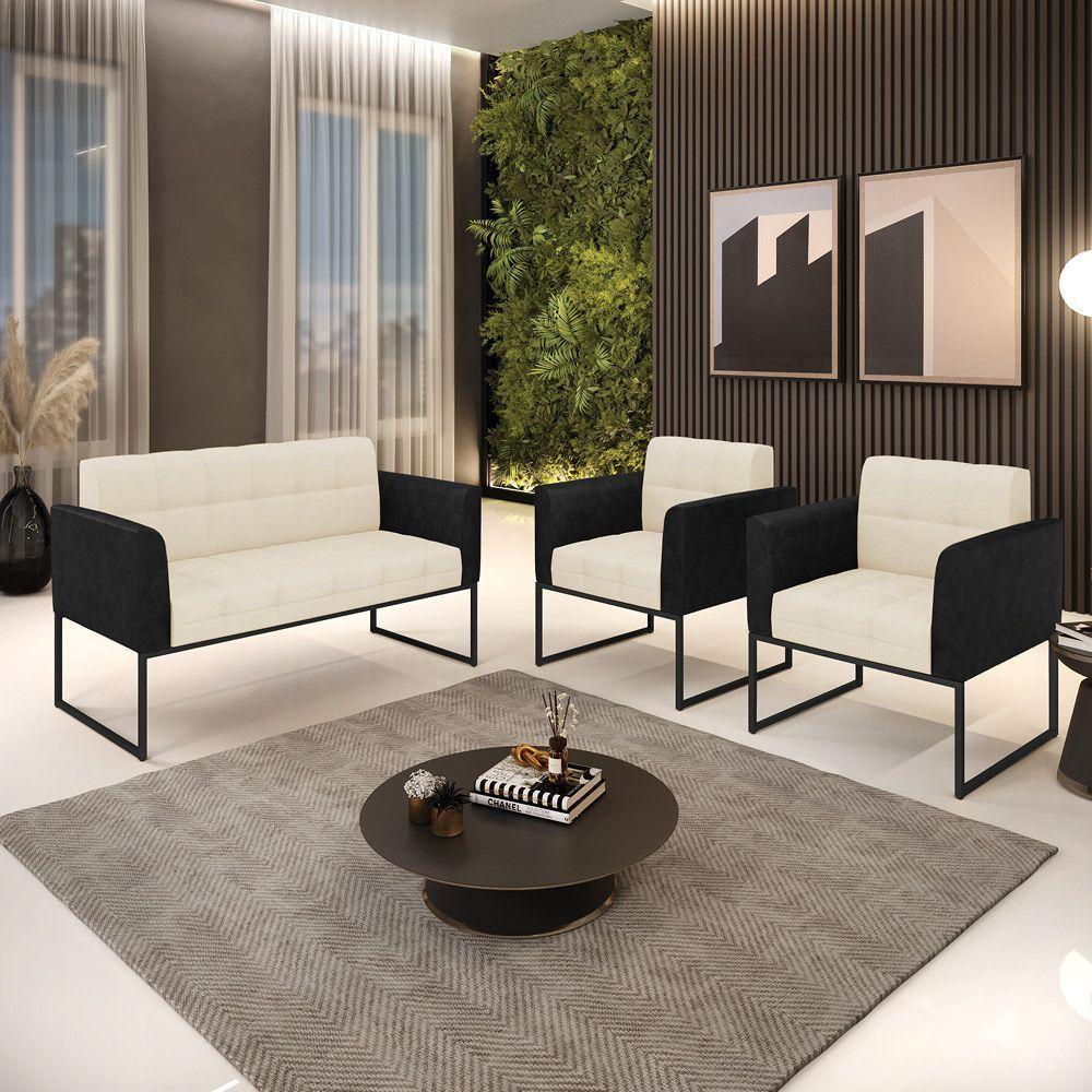 Sofá Namoradeira E 2 Poltronas Base Industrial Preto Elisa Preto-linho Bege A19 D03 - D'rossi - 7