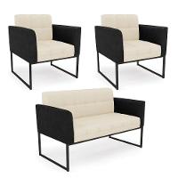 Sofá Namoradeira E 2 Poltronas Base Industrial Preto Elisa Preto-linho Bege A19 D03 - D'rossi - 1