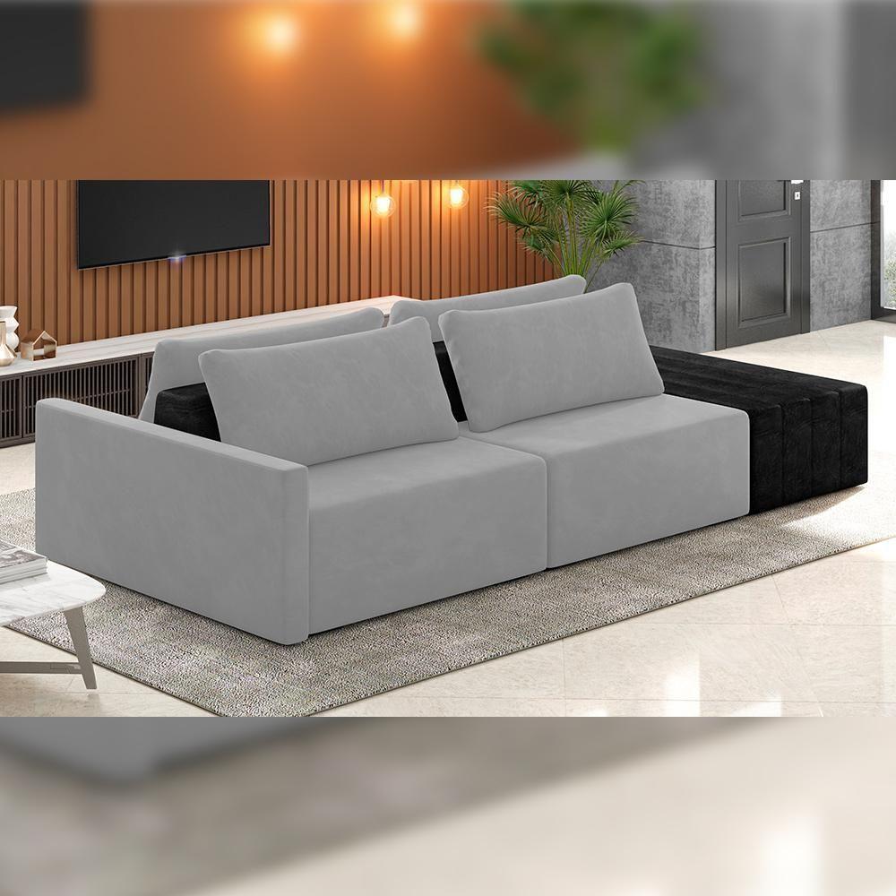 Sofá Ilha Modular Para Sala 252cm Com Puff Dublin K01 Veludo Cinza E Sintético Preto - Lyam Decor - 6