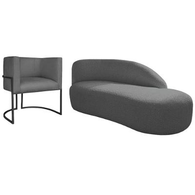Kit Divã Luna 185cm Lado Direito E 01 Poltrona Base De Ferro Preto Linho Cinza Escuro